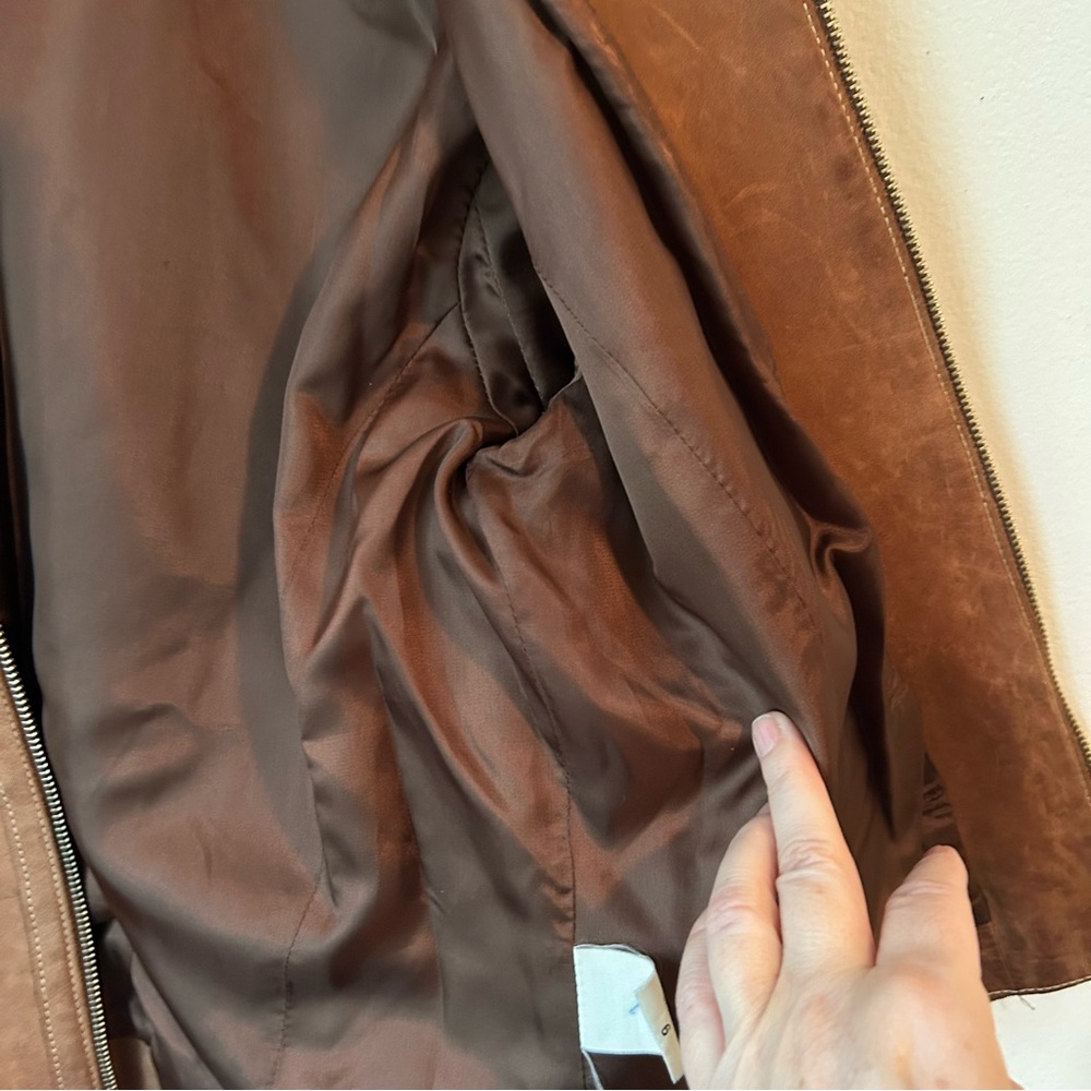 Roots Tan Brown Nubuck Leather Moto Jacket Tab Collar Zip Up - Sz 6 - Picture 9 of 16